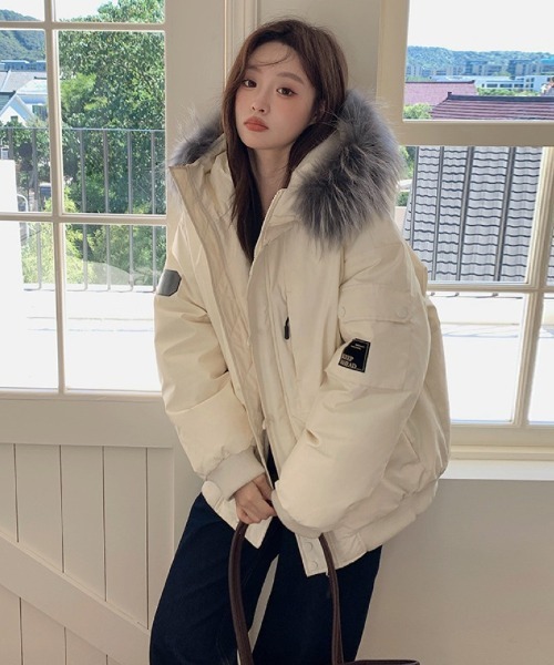 ダウンコート ダウンジャケット フェイクファーフード付き スタンド