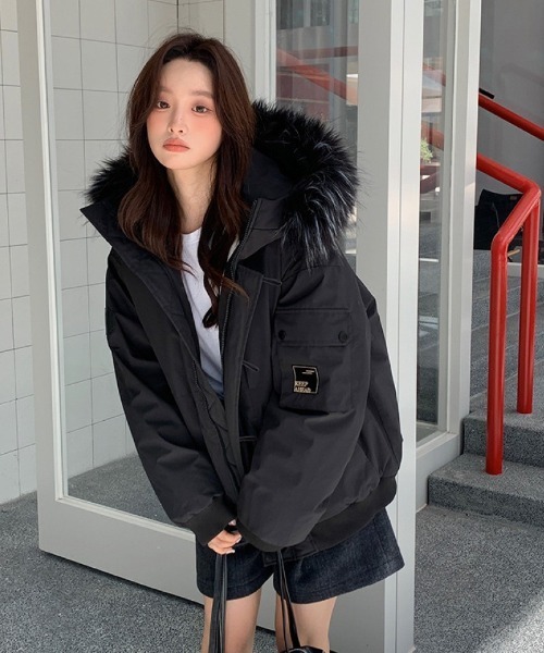 ダウンコート ダウンジャケット フェイクファーフード付き スタンド