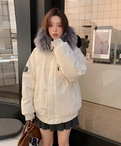 ダウンコート ダウンジャケット フェイクファーフード付き スタンド