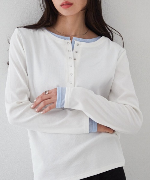 ヘンリーネック tシャツ 「26AW新色追加」レイヤードヘンリーネックリブＴシャツ レディース | RANAN | 17