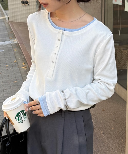 ヘンリーネック tシャツ 「26AW新色追加」レイヤードヘンリーネックリブＴシャツ レディース | RANAN | 12