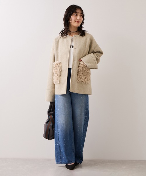 【NEW】ビス（VIS）/【WEB限定】ボアポケットノーカラーコート VIS（ビス） コート アウター 「WEB限定」ボアポケットノーカラー