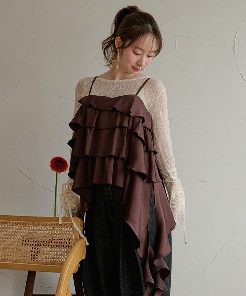 本日のみ値下げ新品collab パッドinフリル2wayキャミソール　ブラウン mideal（マイディール） キャミソール asymmetry frill cami tops