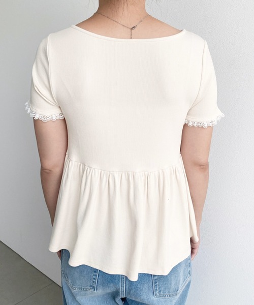 moment+ tシャツ 半袖 ペプラムフレアレースフリル半袖カットソー