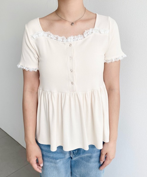 moment+ tシャツ 半袖 ペプラムフレアレースフリル半袖カットソー