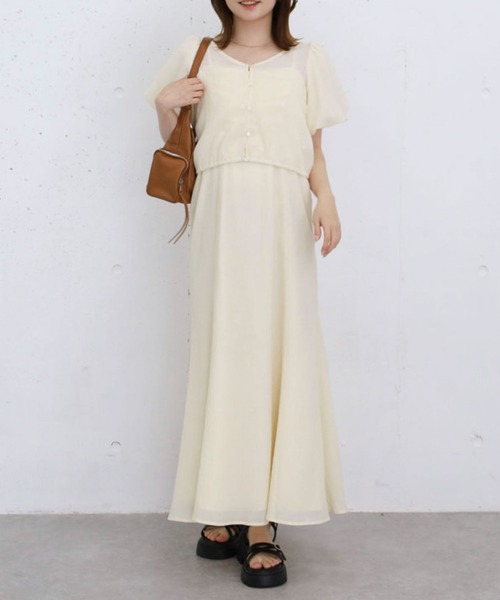 ワンピース 半袖 ２ｗａｙパフスリブラウス×ギャザーキャミワンピースＳＥＴ