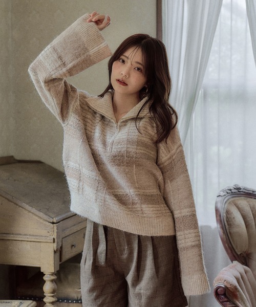 mideal（マイディール） ニット セーター half zip check knit