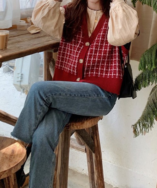 DAY CLOSET ベスト ジレ レディース レトロチェックニットベスト