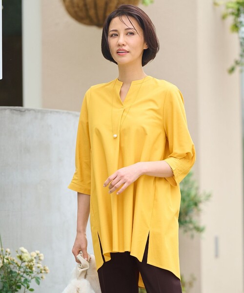 tシャツ 「UVカット・吸水速乾・洗える」ツイストプレーンバンドカラーチュニック丈 カットソー レディース
