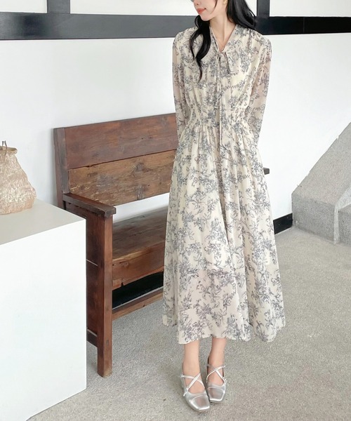 SpRay（スプレイ） ワンピース 花柄ボウタイロングスリーブワンピース