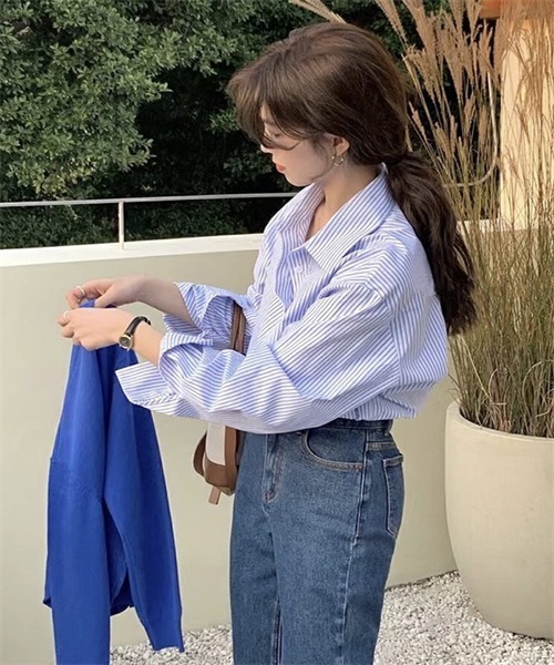 FREE STYLISTS ブラウス シャツ ストライプ柄変形シャツ