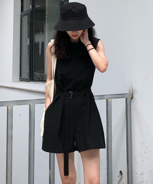 スミスタイル ショート丈オールインワン 半袖 パンツワンピース ブラック 黒 nagapo_20220610-swimwear-wanpi