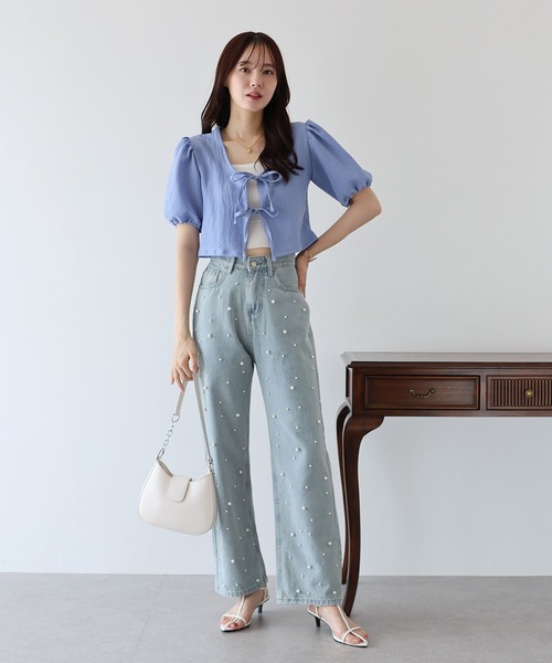 定価2.5万 セブンテン フロントリボン シャツ ブラウス ブルー S 定価2.5万 セブンテン フロントリボン シャツ ブラウス ブルー S