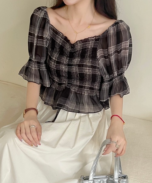 D221455 A.P.C. チェック フリル ブラウス チェックフリルブラウス | mystic(ミスティック)レディース