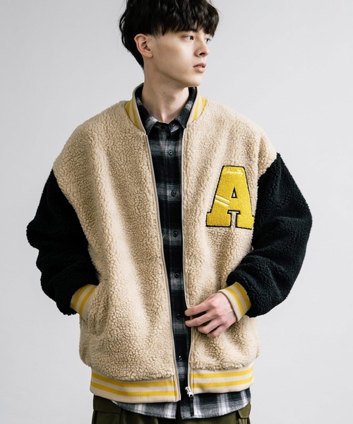 スタジャン オーバーサイズ 裏地付きロゴワッペンボアスタジアムジャケット/スタジャン メンズ レディース