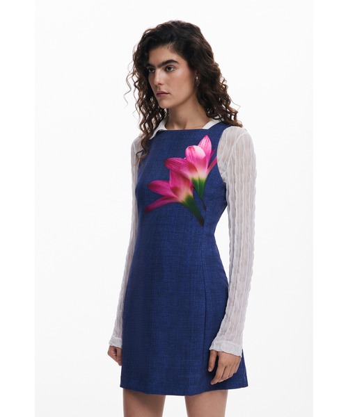 Desigual ワンピース フラワープリント デニム風ミニワンピース