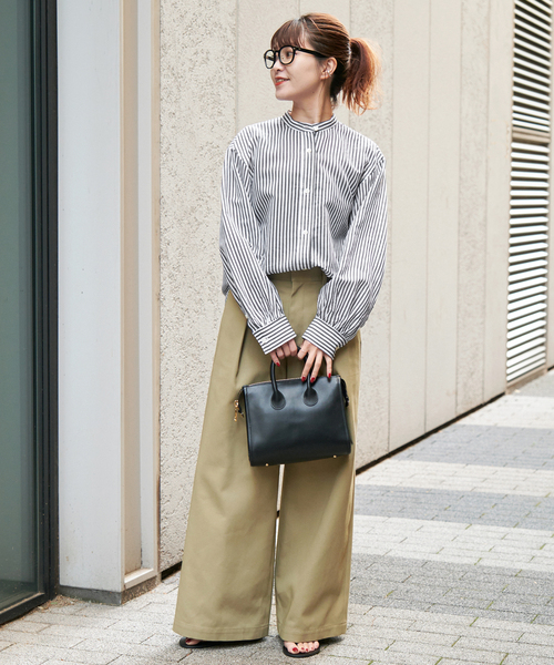 25SS✨スピックアンドスパン コットンシルクギャザーシャツ 手洗い可能 ブルー コットンシルクギャザーシャツ（シャツ／ブラウス）｜Spick and