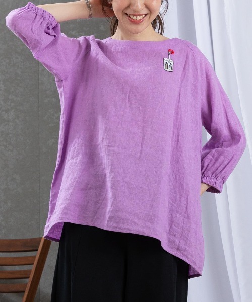 ブラウス シャツ 刺繍ワッペン麻100％チュニック レディース