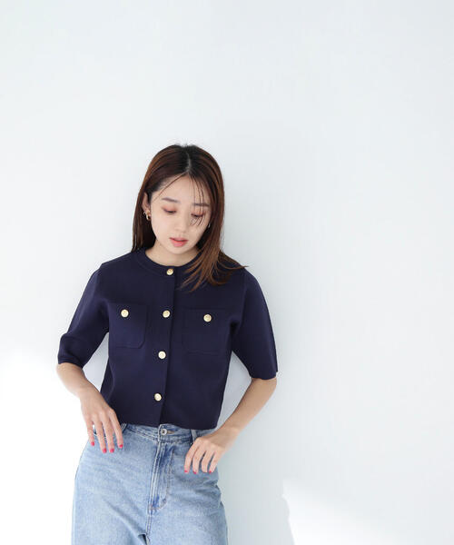 エンブレムボタン ニット ジャケット 半袖 ネイビー NATURAL BEAUTY BASIC｜エンブレムボタンニットジャケット半袖
