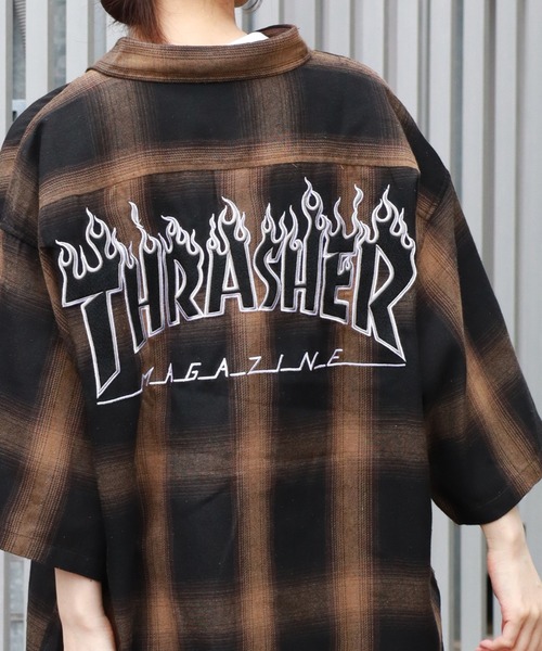 ブラウス シャツ 「THRASHER/スラッシャー」ファイアーロゴバック刺繍ルーズサイズ 長袖チェックシャツネルシャツ レディース メンズ THRASHER バック刺繍ルーズサイズネルチェックシャツ メンズ