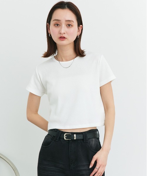 tシャツ リブ クルーネックTシャツ レディース ad thie tシャツ リブクルーネック コンパクトTシャツ