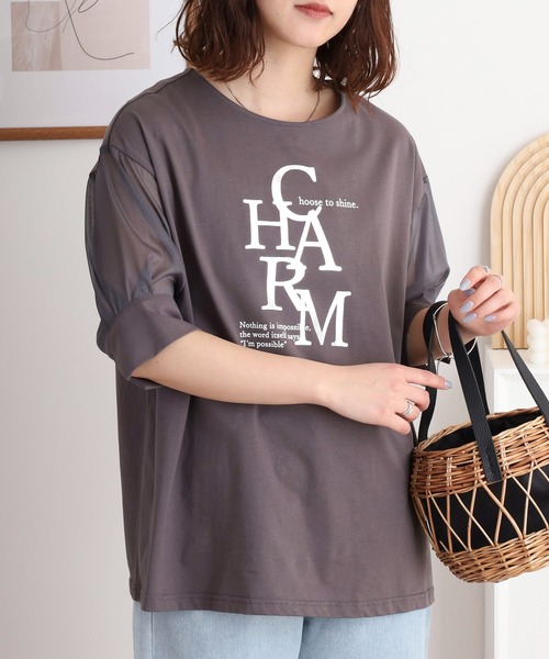 tシャツ EGLANTINE CHARM 箔ロゴプリント 袖光沢シアーカットソー 5分袖Tシャツ レディース