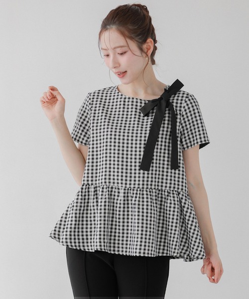 fitmore ギンガムリボンギャザートップス⭐︎新品未使用 Fit more ギンガムリボンギャザートップス レディース : ZOZOTOWN