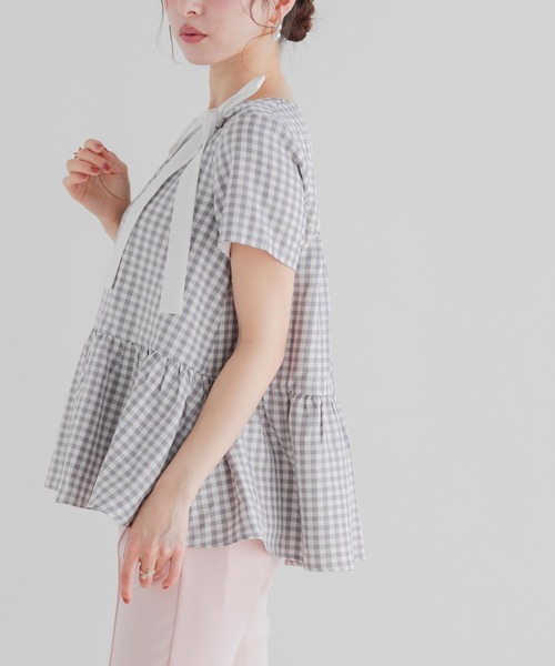 Fit more ギンガムリボンギャザートップス レディース : ZOZOTOWN