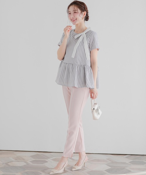 Fit more ギンガムリボンギャザートップス レディース : ZOZOTOWN