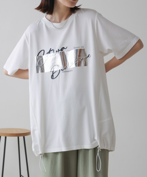 tシャツ 箔エンボスロゴチュニック レディース