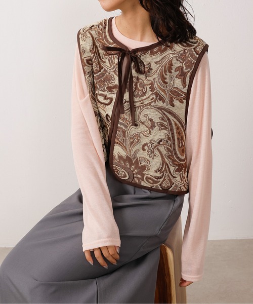 emesuelee ベスト ジレ ペイズリー柄ゴブランベスト レディース