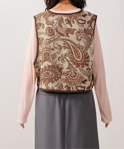 ペ―ズリー柄茶色ロングベスト emesuelee ベスト ジレ ペイズリー柄ゴブランベスト レディース