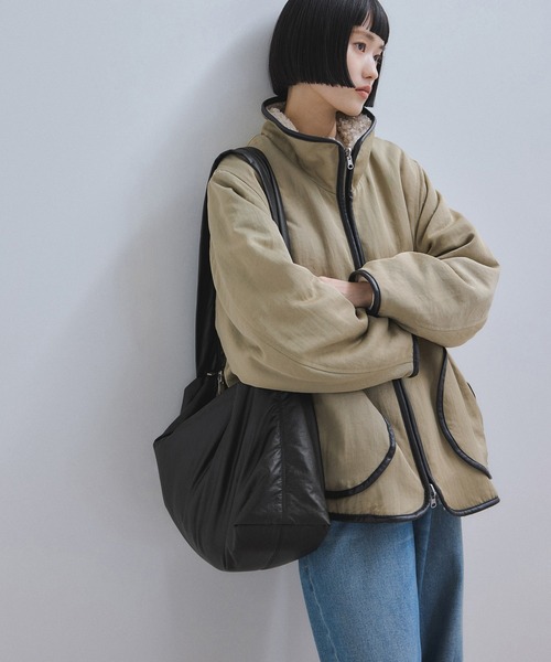 【アダムエロペ】ムートン レザー リバーシブル ショルダーバッグ ベージュ×黒 アダム エ ロペ ADAM ET ROPE' ボックスギャザーワンショルダーバッグ