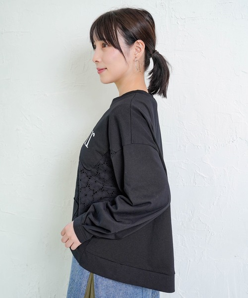 ScoLar（スカラー） tシャツ 753001：蝶々の綿レース付きプルオーバー