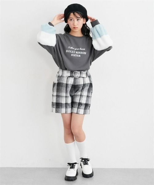 パンツ ポケットフェイクファーチェック柄ショートパンツ キッズ 子供