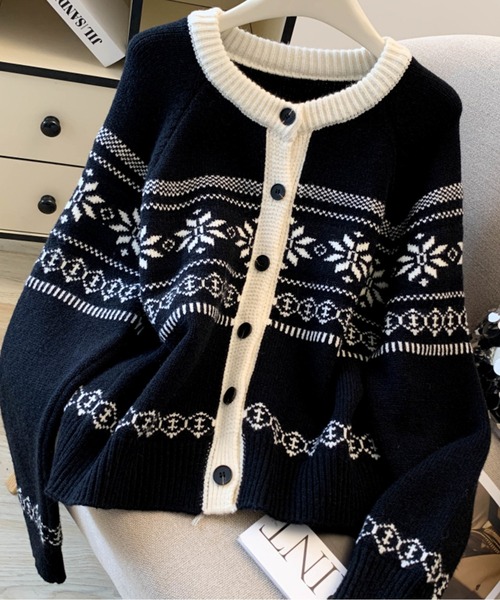 カーディガン ノルディック柄ニットカーディガン レディース
