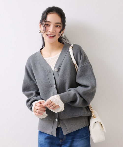 極美品❤️Drawer 金ボタン レディース | ゴールドボタンチュールヤーンニットカーディガン[kz711] コクーン グレー カーディガン フロントスナップ トップス