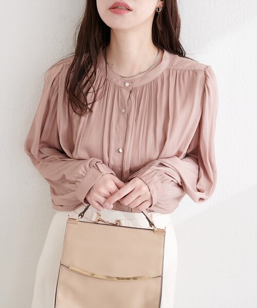 きれい色／ローズベージュ 華奢見えとろみ落ち感ドレープ マットサテンブラウス natural couture ブラウス シャツ マット釦とろみサテンブラウス