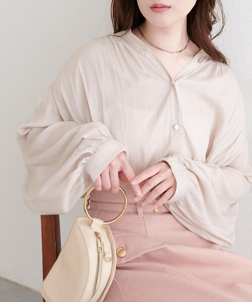natural couture ブラウス シャツ マット釦とろみサテンブラウス