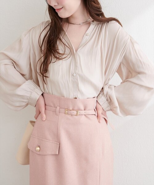 natural couture ブラウス シャツ マット釦とろみサテンブラウス