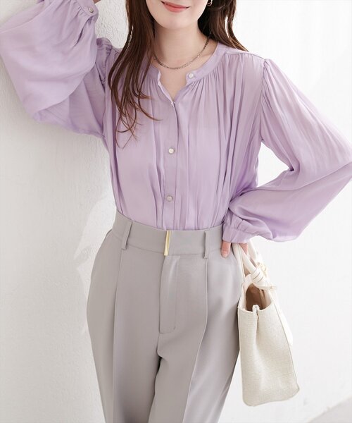 natural couture ブラウス シャツ マット釦とろみサテンブラウス