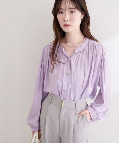 natural couture ブラウス シャツ マット釦とろみサテンブラウス