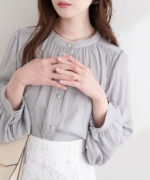 natural couture ブラウス シャツ マット釦とろみサテンブラウス