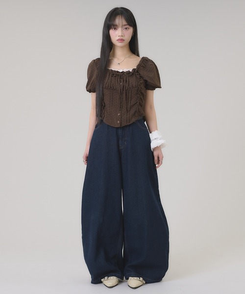 明日1日まで値下げTulipomanie 24AWトライアングルジェアン未使用品 apres jour mignon（アプレジュールミニョン） ワイドパンツ ジーンズ