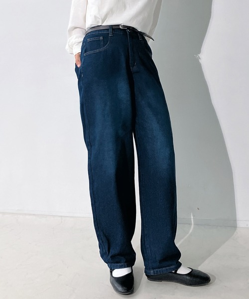 99%IS- ベルト付きワイドデニムパンツ　ブルー　サイズ3 AS KNOW AS（アズノゥアズ） ジーンズ デニム デニムパンツベルト付