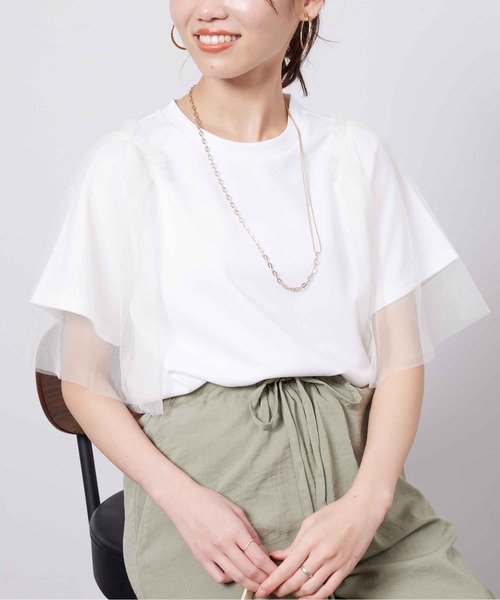 アルペロベロチュール重ねのおしゃれティシャツ 着るだけで旬な着こなしに フロントチュール重ねプリントTシャツ