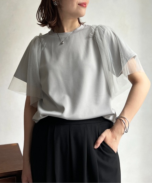 Chez toi tシャツ 袖チュール重ね半袖プルオーバー レディース