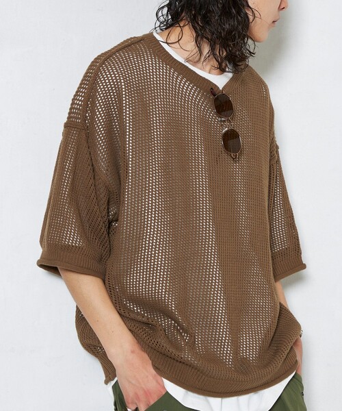 てる君愛用　SINSS ハーフスリーブメッシュニットシャツ セール】Half sleeve mesh knit shirt / ハーフスリーブメッシュ