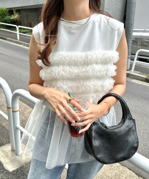 andme（アンドミー） tシャツ チュールドッキングビスチェ風プリーツ