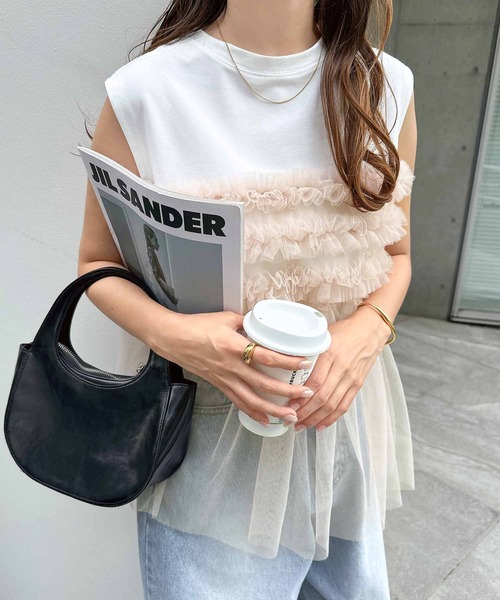 andme tシャツ チュールドッキングビスチェ風プリーツトップス